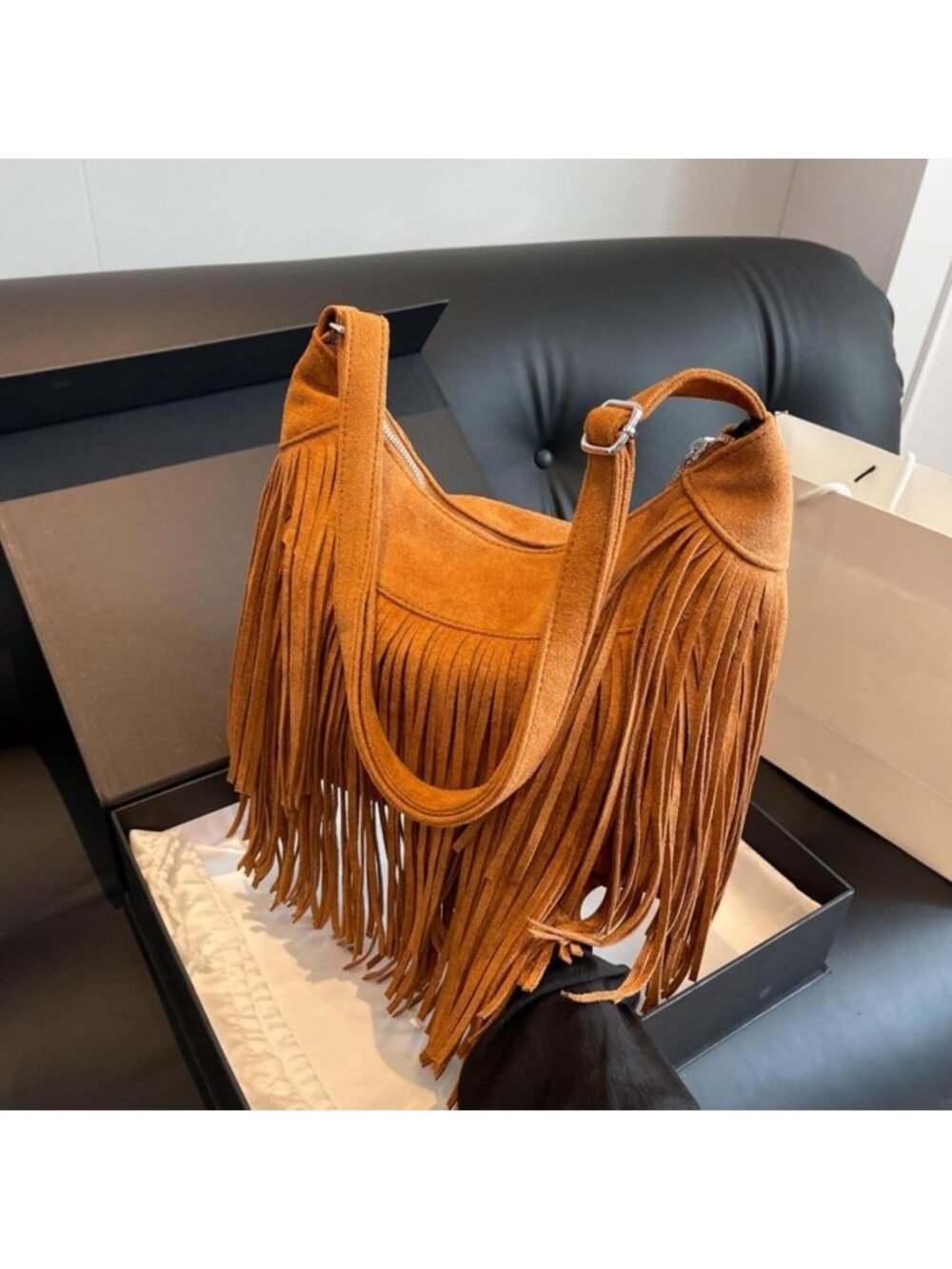 Vintage Suede Fringe Hobo Tote Bag | Boho Chic Crossbody Purse for Women - Picture 7 of 8